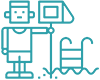 PNG image of pool cleaner icon. blue lines. pool cleaner holding net. pool on right side.