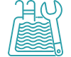 PNG image of pool maintenance icon. blue lines. swimming pool with large wrench on right side.