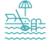 PNG image of pool care icon. blue lines. wavy blue lines. net. ladder. deck chair & umbrella