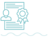 PNG image of certified icon. light blue lines show document with badge and picture of person. waves.