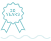 PNG image of award icon. light blue lines show badge reading "20 years". ribbons under badge. waves.